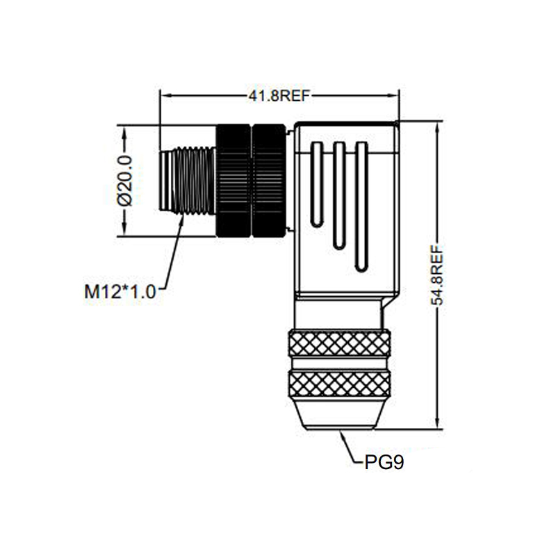 M12 4pins D code male right angle metal assembly connector PG9 thread,shielded,brass with nickel plated housing,suitable cable diameter 6.0mm-8.0mm