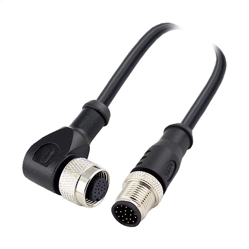 M12 17pins A code male straight to female right angle molded cable,unshielded,PUR,-40°C~+105°C,26AWG 0.14mm²,brass with nickel plated screw