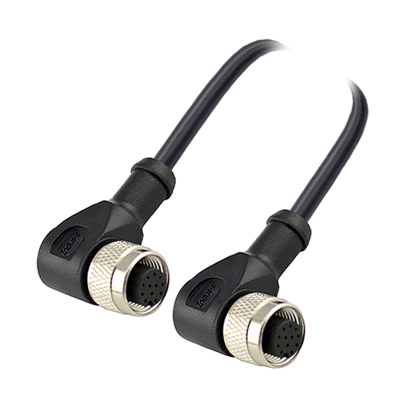 M12 12pins A code female right angle to female right angle molded cable,shielded,PUR,-40°C~+105°C,26AWG 0.14mm²,brass with nickel plated screw