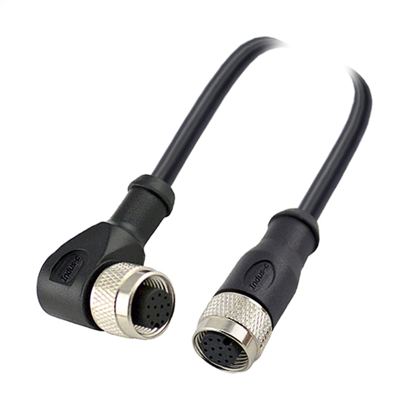 M12 12pins A code female straight to female right angle molded cable,unshielded,PVC,-40°C~+105°C,26AWG 0.14mm²,brass with nickel plated screw