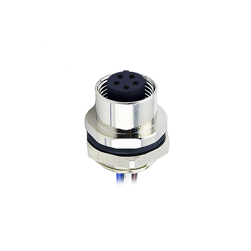 M12 5pins C code female straight rear panel mount connector PG9 thread,unshielded,single wires,brass with nickel plated shell