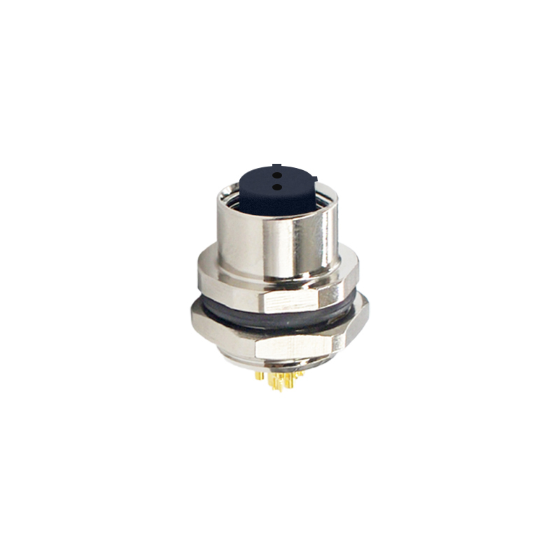 M12 2pins C code female straight front panel mount connector PG9 thread,unshielded,solder,brass with nickel plated shell