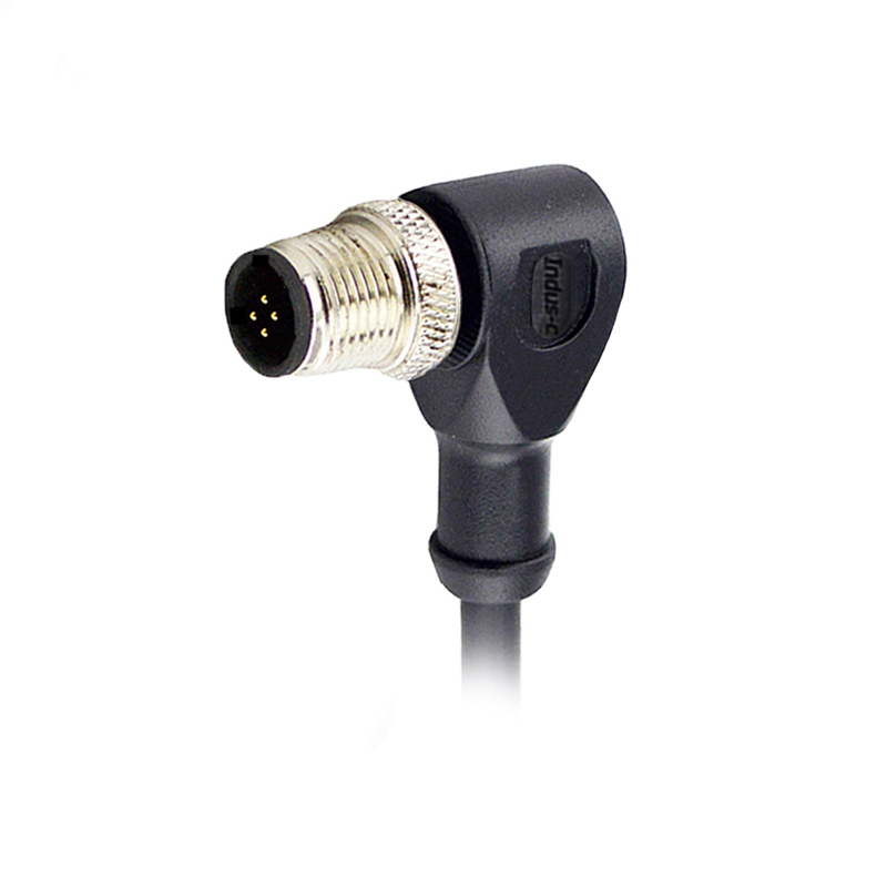 M12 4pins C code male right angle molded cable,shielded,PVC,-40°C~+105°C,22AWG 0.34mm²,brass with nickel plated screw