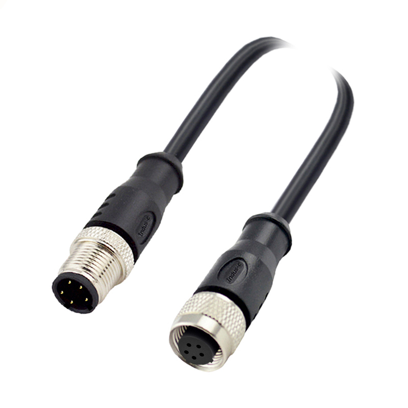 M12 5pins C code male to female straight molded cable,unshielded,PUR,-40°C~+105°C,22AWG 0.34mm²,brass with nickel plated screw