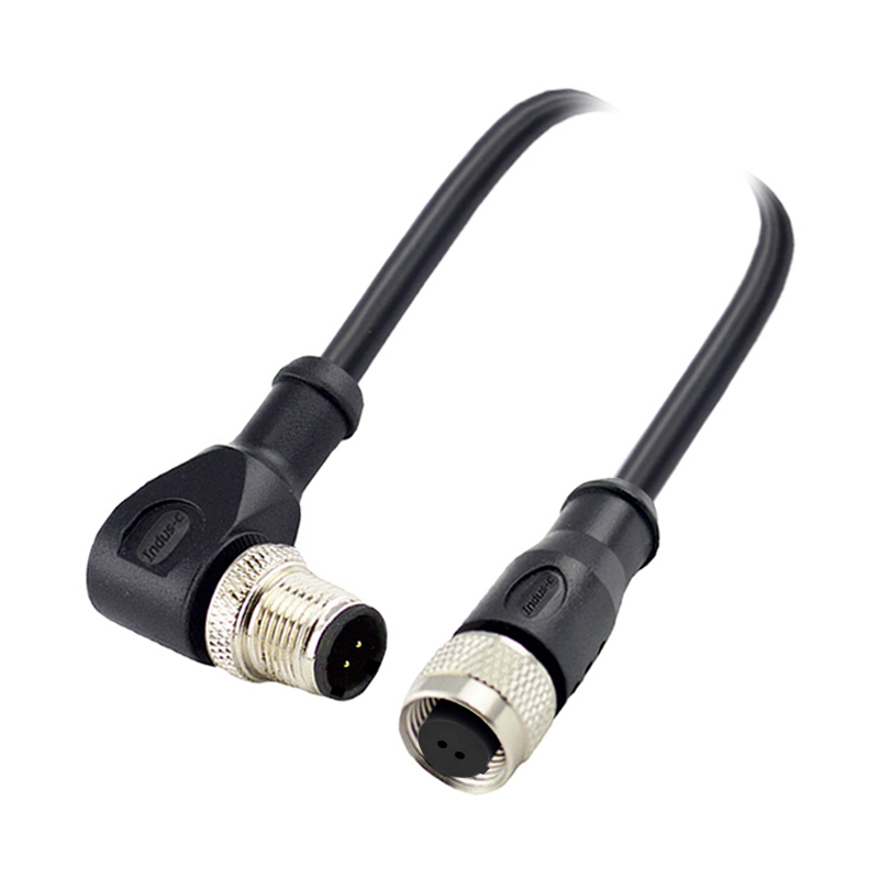 M12 2pins C code male right angle to female straight molded cable,shielded,PUR,-40°C~+105°C,22AWG 0.34mm²,brass with nickel plated screw