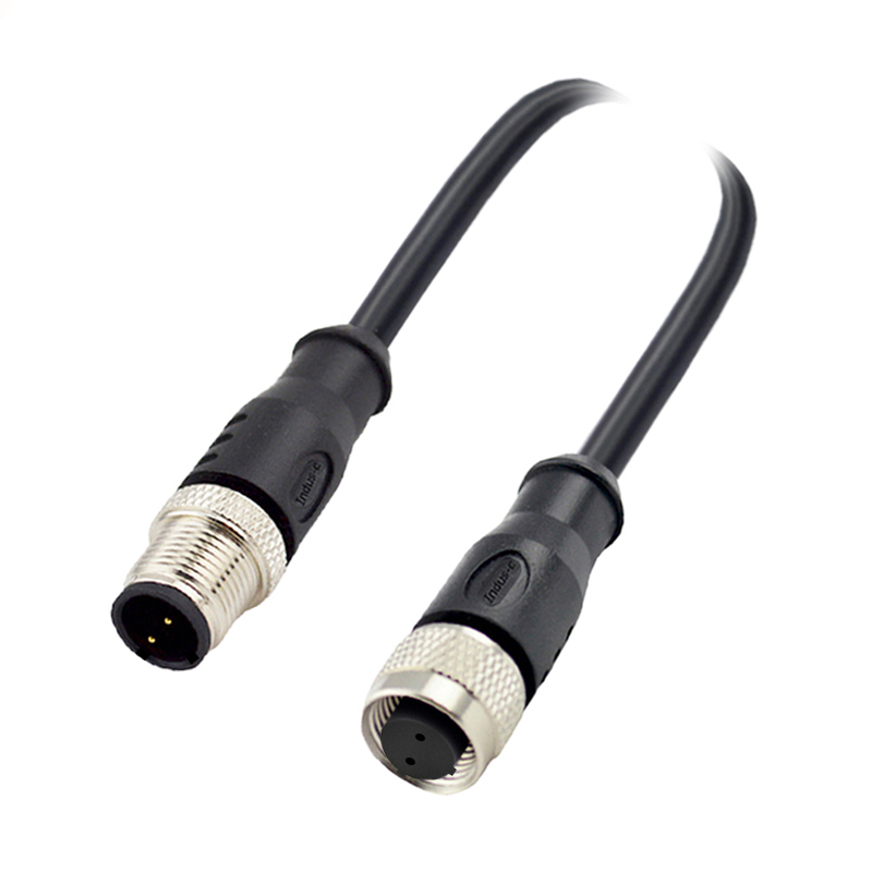 M12 2pins C code male to female straight molded cable,shielded,PVC,-40°C~+105°C,22AWG 0.34mm²,brass with nickel plated screw