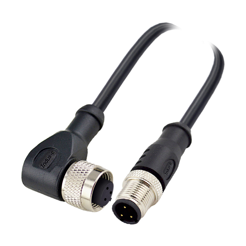 M12 3pins C code male straight to female right angle molded cable,shielded,PVC,-40°C~+105°C,22AWG 0.34mm²,brass with nickel plated screw