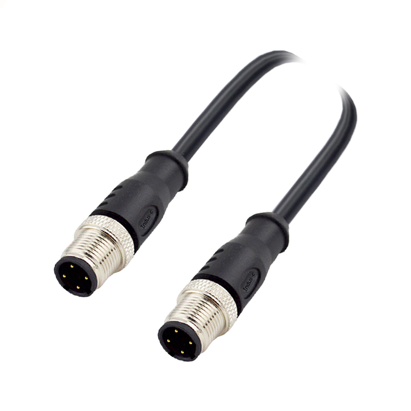 M12 4pins C code male to male straight molded cable,shielded,PUR,-40°C~+105°C,22AWG 0.34mm²,brass with nickel plated screw