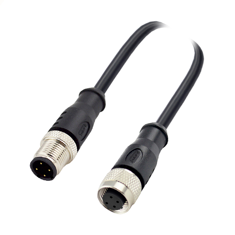M12 4pins C code male to female straight molded cable,shielded,PUR,-40°C~+105°C,22AWG 0.34mm²,brass with nickel plated screw