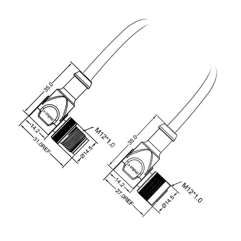 M12 8pins X code male to female right angle molded cable,shielded,PUR,-40°C~+105°C,CAT6 26AWG*4P,brass with nickel plated screw
