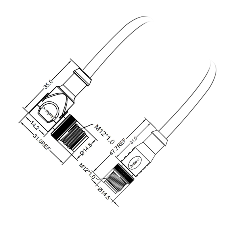 M12 8pins X code male straight to male right angle molded cable,shielded,PUR,-40°C~+105°C,CAT6 26AWG*4P,brass with nickel plated screw