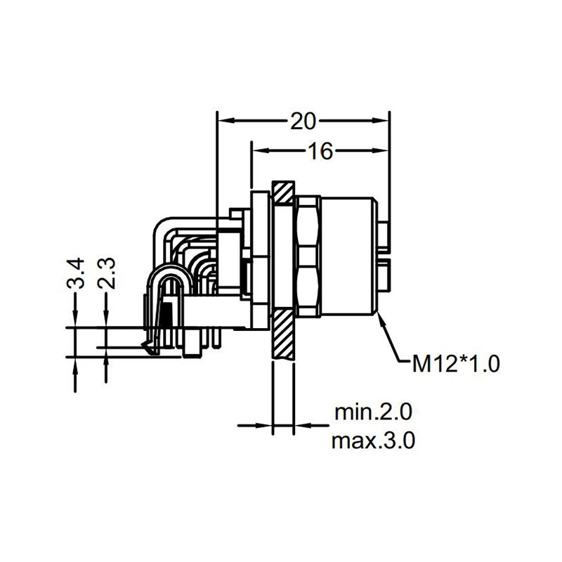 M12 8pins X code female right front panel mount connector,shielded,insert,brass with nickel plated shell