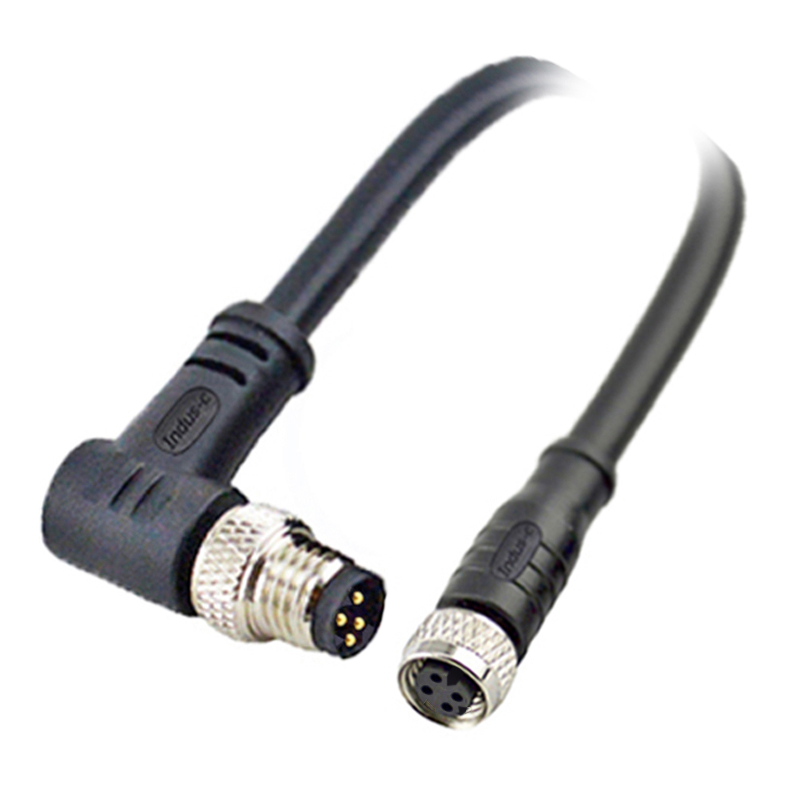 M8 4pins D male right angle to female straight molded cable,unshielded,PUR,-40°C~+105°C,24AWG 0.25mm²,brass with nickel plated screw