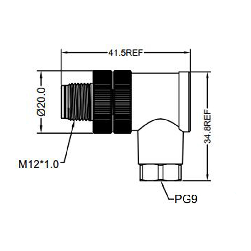 M12 2pins C code male right angle plastic assembly connector PG9 thread,unshielded,suitable cable outer diameter 6.0mm-8.0mm