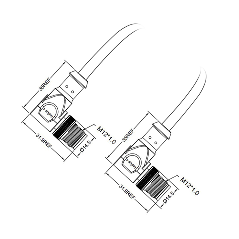 M12 6pins C code male to male right angle molded cable,shielded,PUR,-40°C~+105°C,22AWG 0.34mm²,brass with nickel plated screw