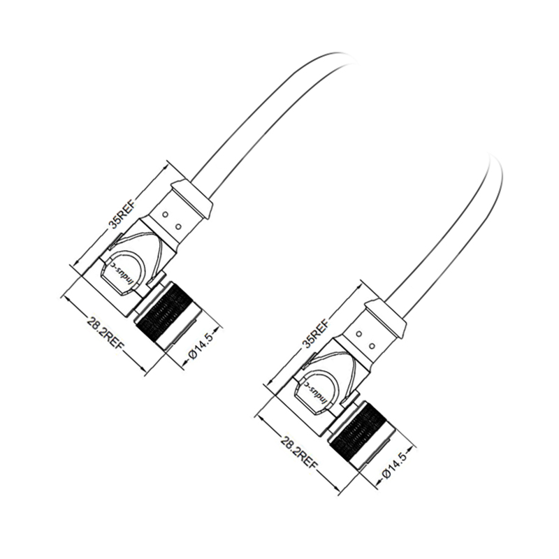 M12 3pins C code female to female right angle molded cable,shielded,PVC,-40°C~+105°C,22AWG 0.34mm²,brass with nickel plated screw