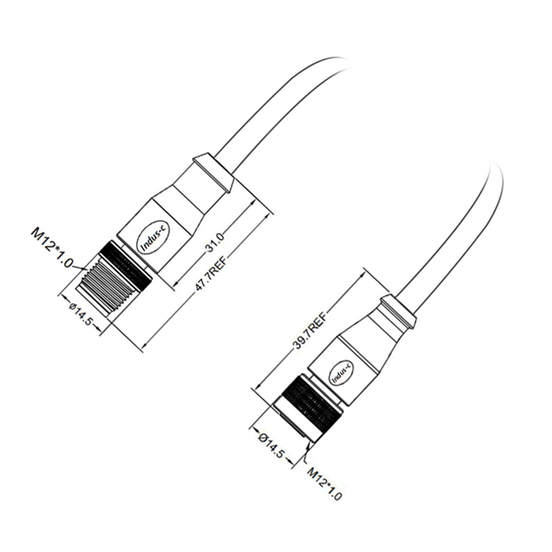 M12 2pins C code male to female straight molded cable,shielded,PUR,-40°C~+105°C,22AWG 0.34mm²,brass with nickel plated screw
