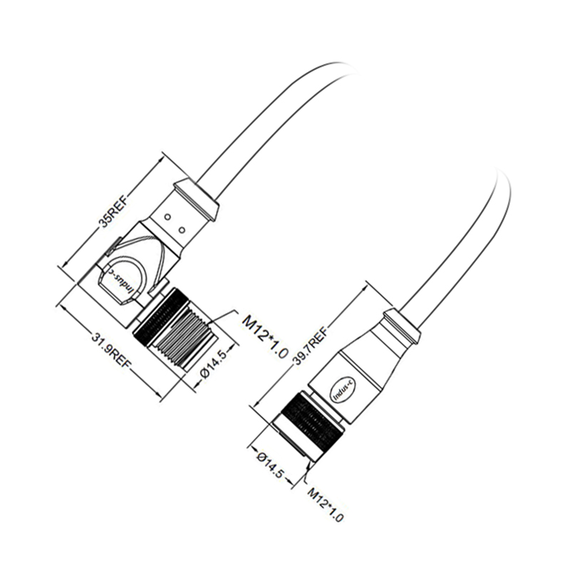 M12 6pins C code male right angle to female straight molded cable,unshielded,PVC,-40°C~+105°C,22AWG 0.34mm²,brass with nickel plated screw