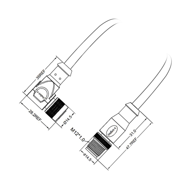 M12 3pins C code male straight to female right angle molded cable,unshielded,PUR,-40°C~+105°C,22AWG 0.34mm²,brass with nickel plated screw