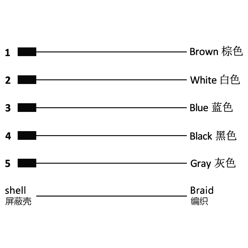 M12 5pins C code female straight molded cable,shielded,PVC,-40°C~+105°C,22AWG 0.34mm²,brass with nickel plated screw