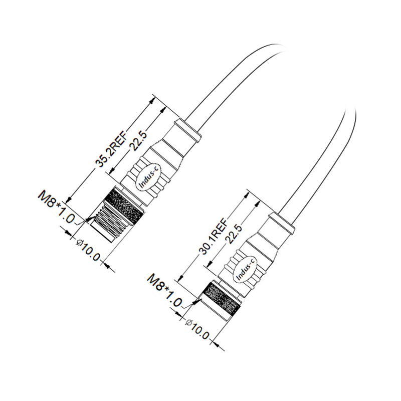 M8 8pins A code male to female straight molded cable,shielded,PVC,-40°C~+105°C,26AWG 0.14mm²,brass with nickel plated screw