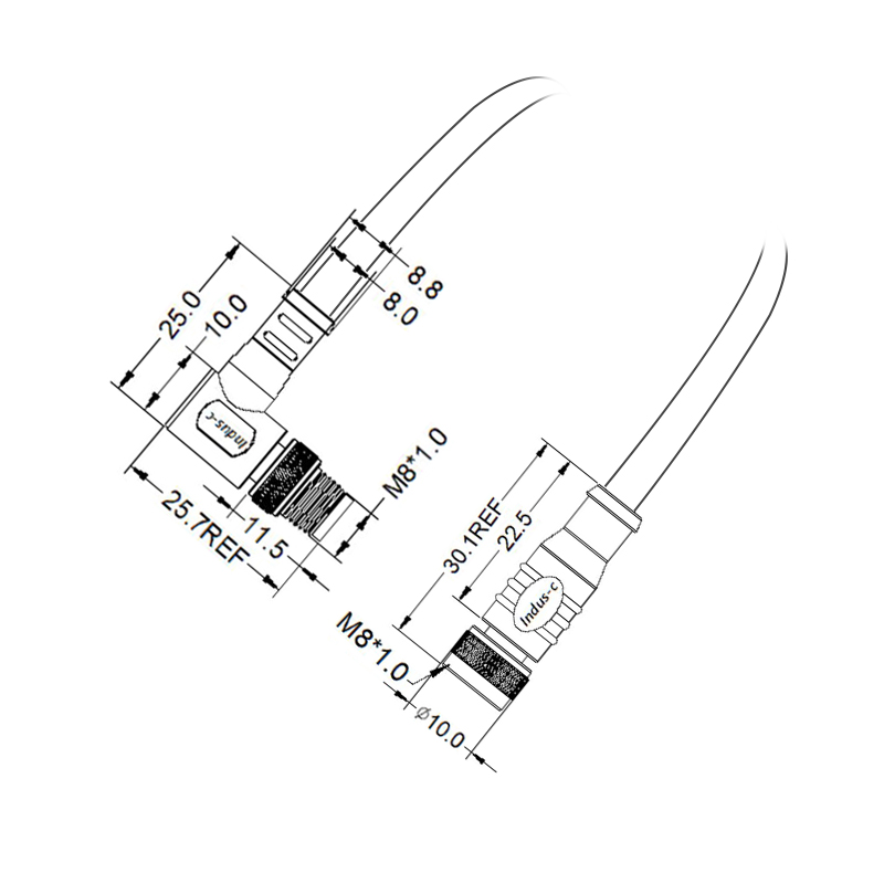 M8 4pins A code male right angle to female straight molded cable,unshielded,PVC,-40°C~+105°C,24AWG 0.25mm²,brass with nickel plated screw