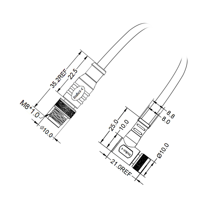 M8 3pins A code male straight to female right angle molded cable,unshielded,PUR,-40°C~+105°C,24AWG 0.25mm²,brass with nickel plated screw