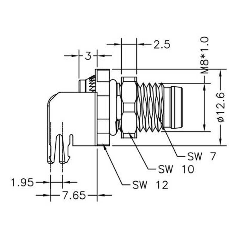 M8 5pins B code male right angle front panel mount connector,unshielded,insert,brass with nickel plated shell