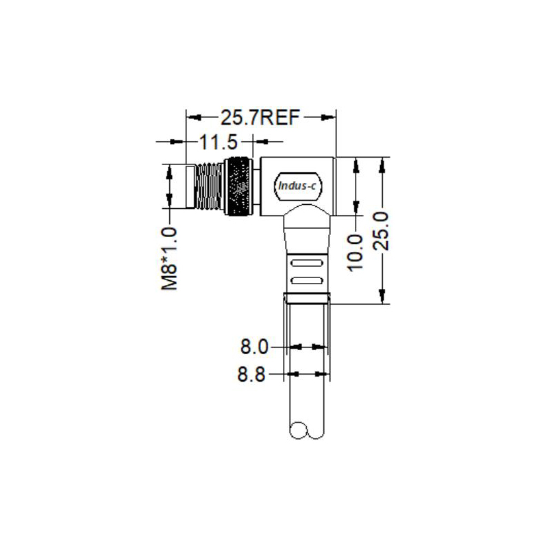 M8 8pins A code male right angle molded cable,unshielded,PUR,-40°C~+105°C,26AWG 0.14mm²,brass with nickel plated screw