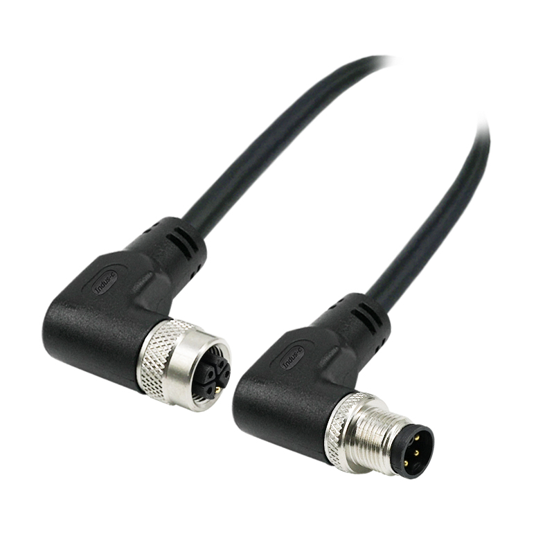 M12 5pins K code male to female right angle molded cable,unshielded,PVC,-40°C~+105°C,22AWG 0.34mm²,brass with nickel plated screw