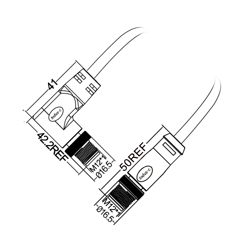 M12 5pins K code male straight to male right angle molded cable,unshielded,PVC,-40°C~+105°C,22AWG 0.34mm²,brass with nickel plated screw