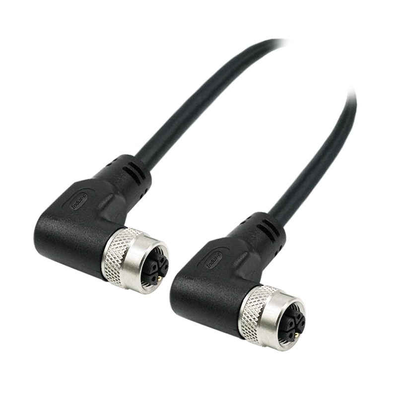 M12 5pins K code female to female right angle molded cable,unshielded,PVC,-40°C~+105°C,22AWG 0.34mm²,brass with nickel plated screw