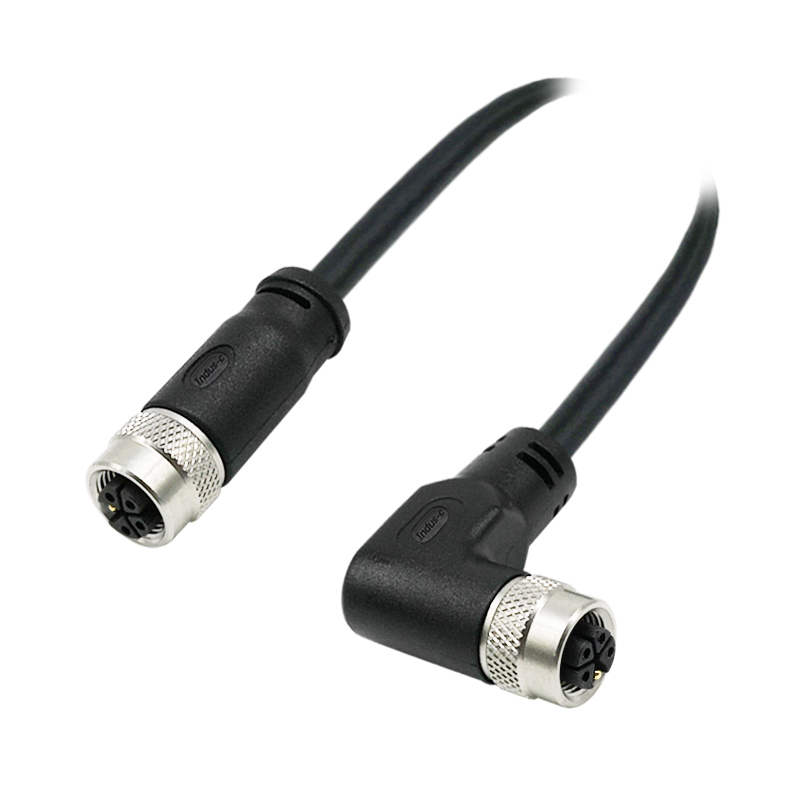 M12 5pins K code female straight to female right angle molded cable,unshielded,PVC,-40°C~+105°C,22AWG 0.34mm²,brass with nickel plated screw