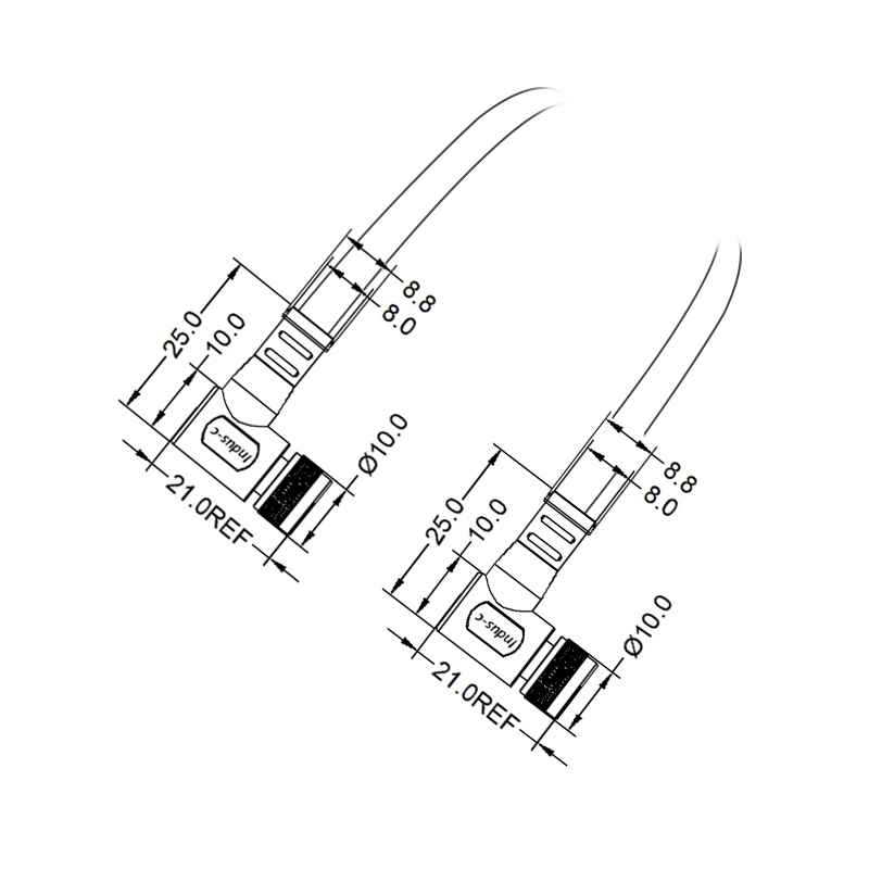 M8 4pins D code female to female right angle molded cable,unshielded,PVC,-40°C~+105°C,24AWG 0.25mm²,brass with nickel plated screw