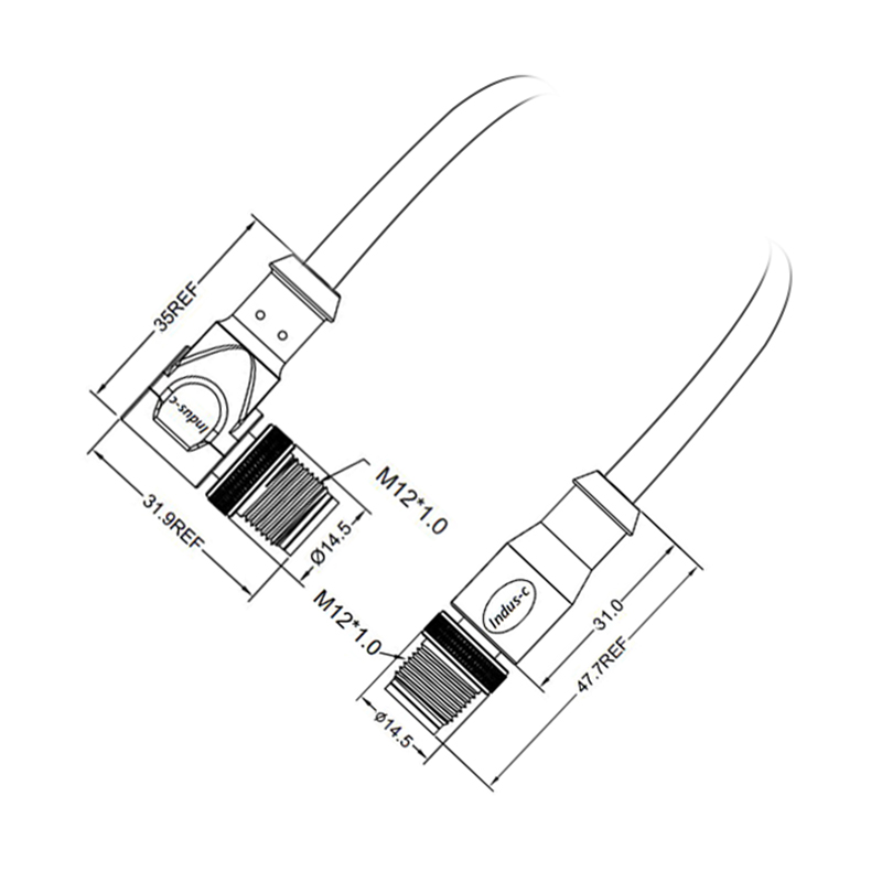 M12 12pins A code male straight to male right angle molded cable,unshielded,PVC,-40°C~+105°C,26AWG 0.14mm²,brass with nickel plated screw