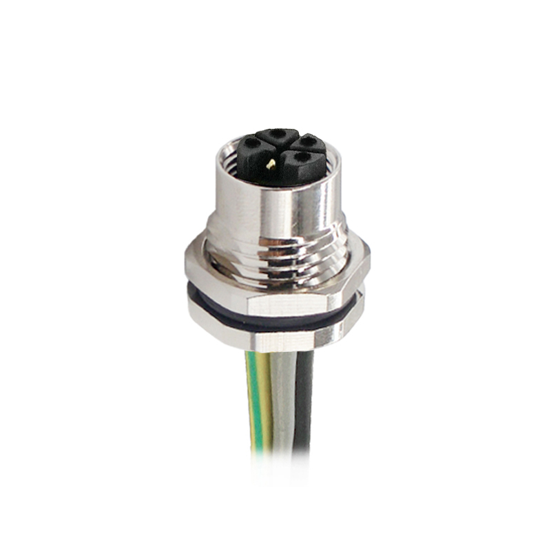M12 5pins L code female straight front panel mount connector PG9 thread,unshielded,single wires,brass with nickel plated