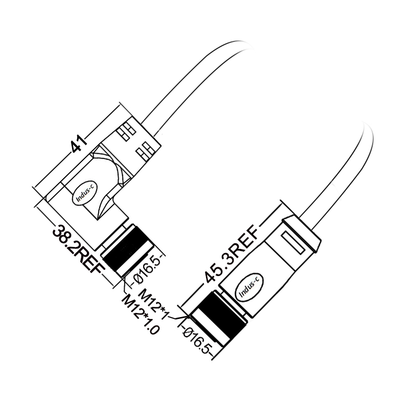 M12 4pins T code female straight to female right angle molded cable,unshielded,PUR,-40°C~+105°C,22AWG 0.34mm²,brass with nickel plated screw