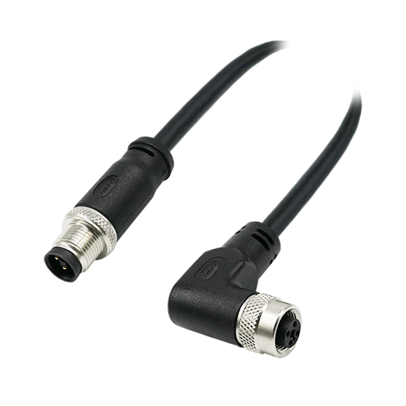 M12 4pins T code male straight to female right angle molded cable,shielded,PUR,-40°C~+105°C,22AWG 0.34mm²,brass with nickel plated screw