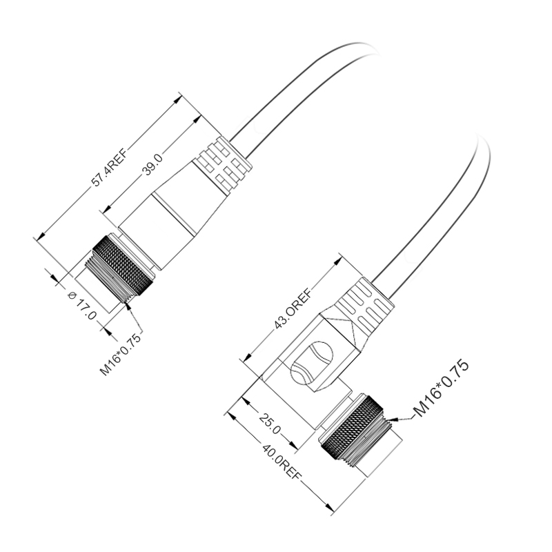 M16 3pins A code male straight to male right angle molded cable,shielded,PUR,-40°C~+105°C,18AWG 0.75mm²,brass with nickel plated screw