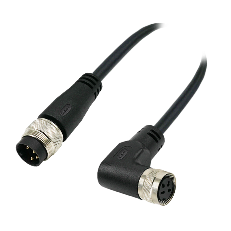 M16 4pins A code male straight to female right angle molded cable,shielded,PUR,-40°C~+105°C,18AWG 0.75mm²,brass with nickel plated screw
